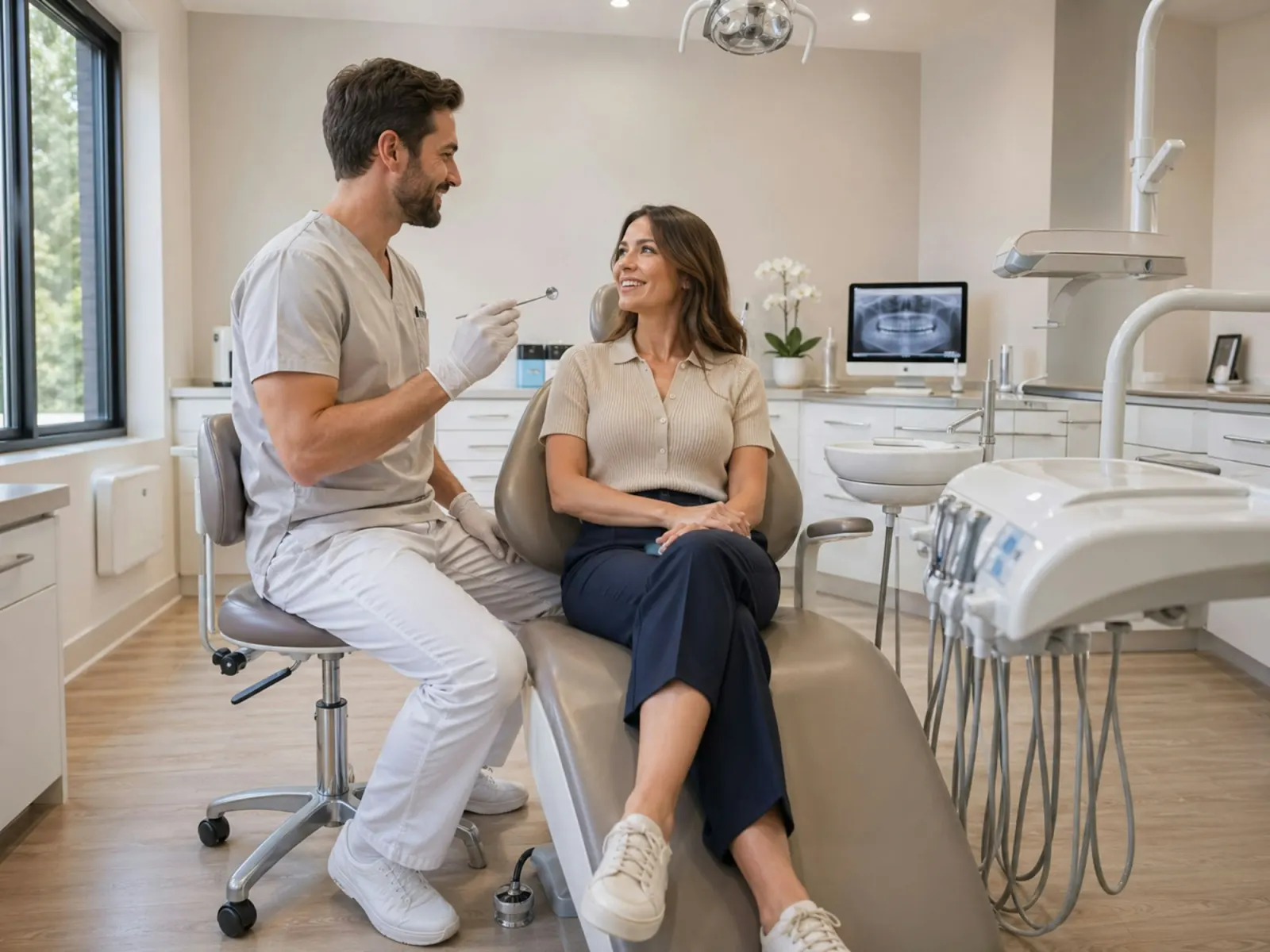 Dentist talking with a smiling patient in a bright treatment room